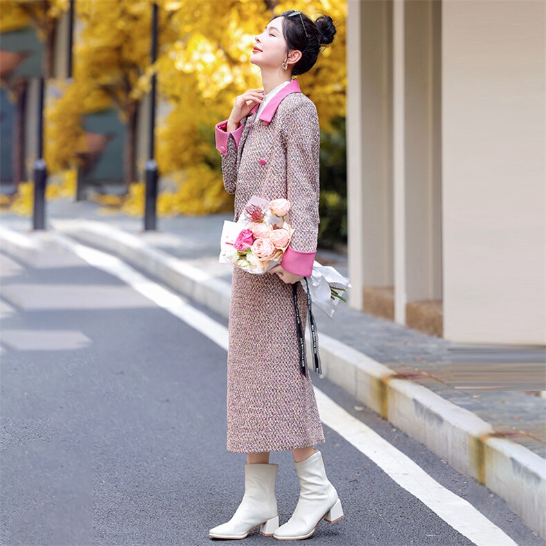 【新款现货】2024年冬季新款法式小香气质撞色双排扣两件套20毛,女装套装/套裙,奕薇雅