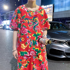 TZ203男女休闲东北大花短袖圆领T恤衫短裤可套装单选团队服风图片