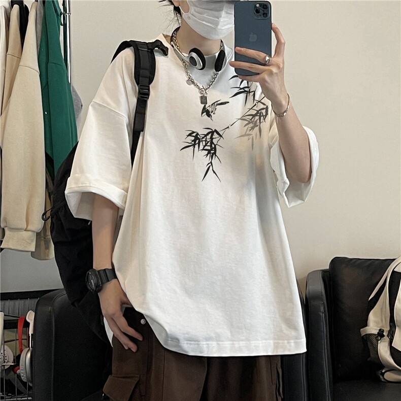 抖音品质直播得物风新中式竹叶印花短袖T恤dcm298-特批20控38图片