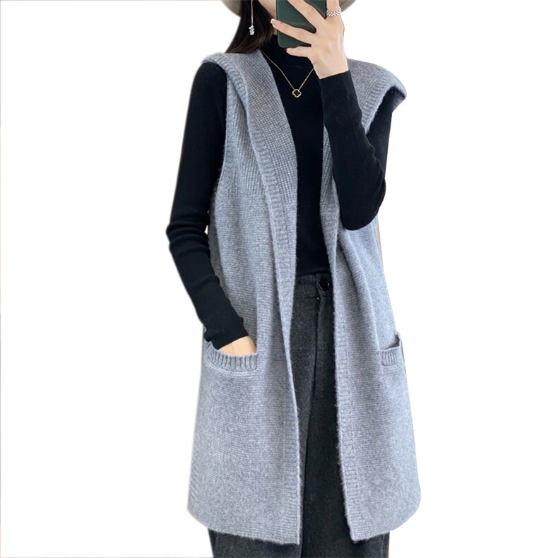 2024秋冬新款羊毛衫女连帽无袖马甲中长款毛衣宽松开衫,女装马甲,邦太羊绒
