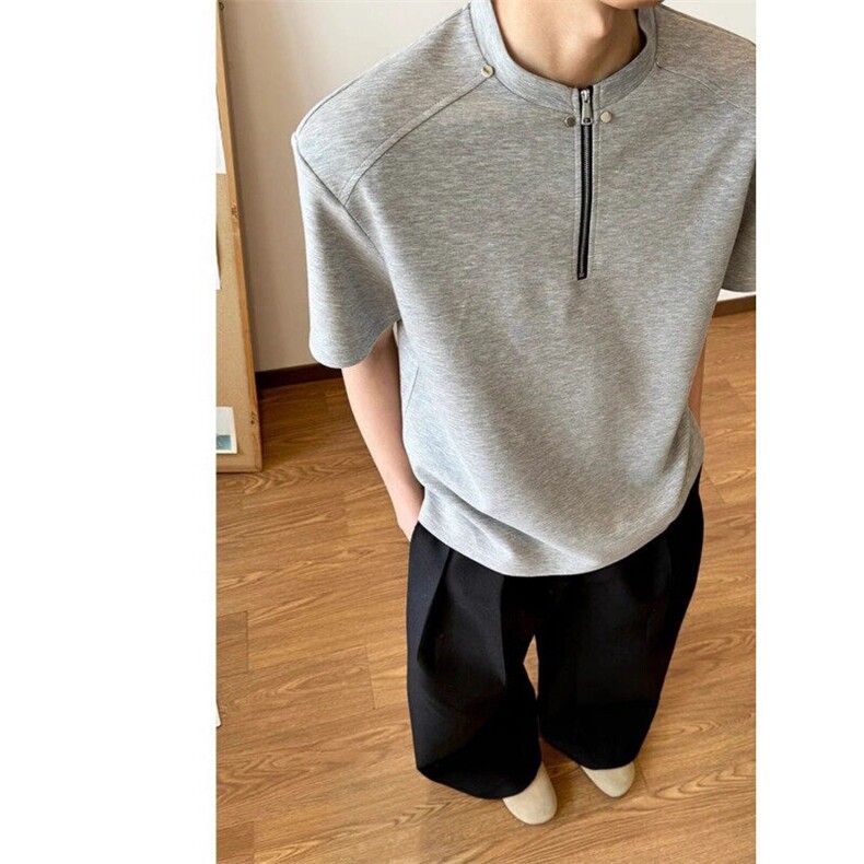黑色美式正肩半拉链T恤男夏季潮牌痞帅垫肩短袖重磅曼巴棉半截袖,男装T恤,星座1005-4