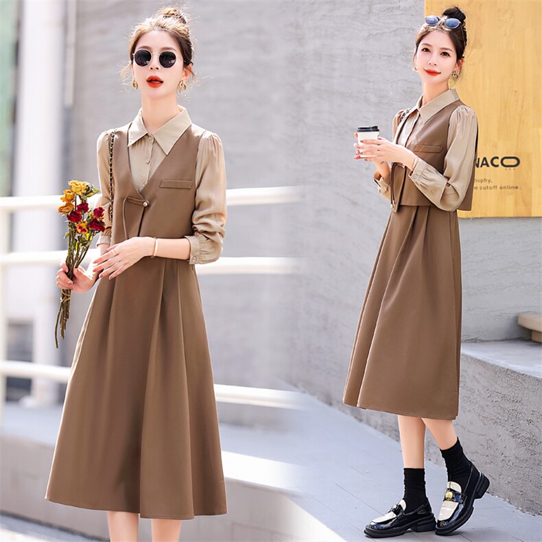 春秋长袖连衣裙女2023新款修身显瘦新中式西装马甲衬衫裙子两件套，女装套装/套裙，意芙