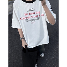 夏季美式高街重磅纯棉三条杠织带撞色男女短袖T恤ZD602-特P30，男装T恤，电商A486-1