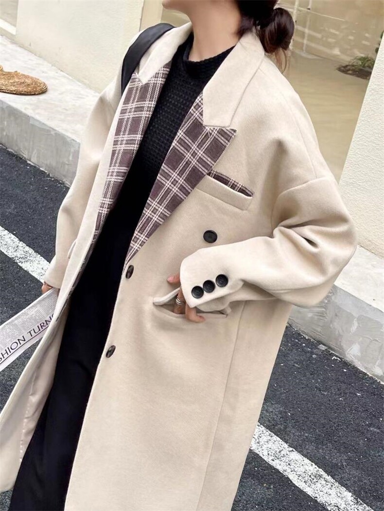 格纹拼接长款毛呢大衣，其它，Balance Studio