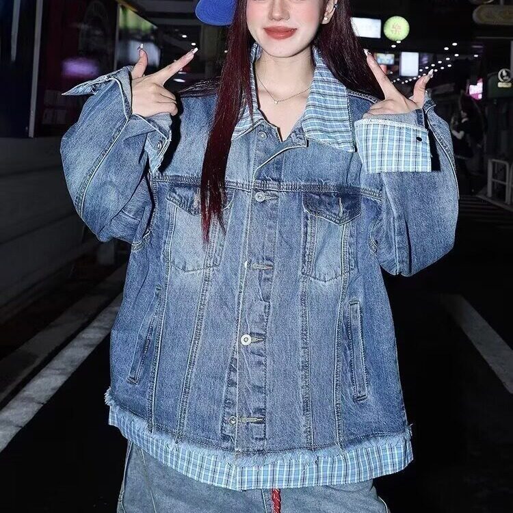 秋冬季新款蓝白格子撞色翻领假两件宽松牛仔夹克男女外套JKC311,男装夹克,星座516A
