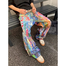潮牌夏季泼墨涂鸦牛仔裤男士宽松直筒油画风长裤阔腿裤子NK1146，男装牛仔裤，星座1116A（原606A-3）