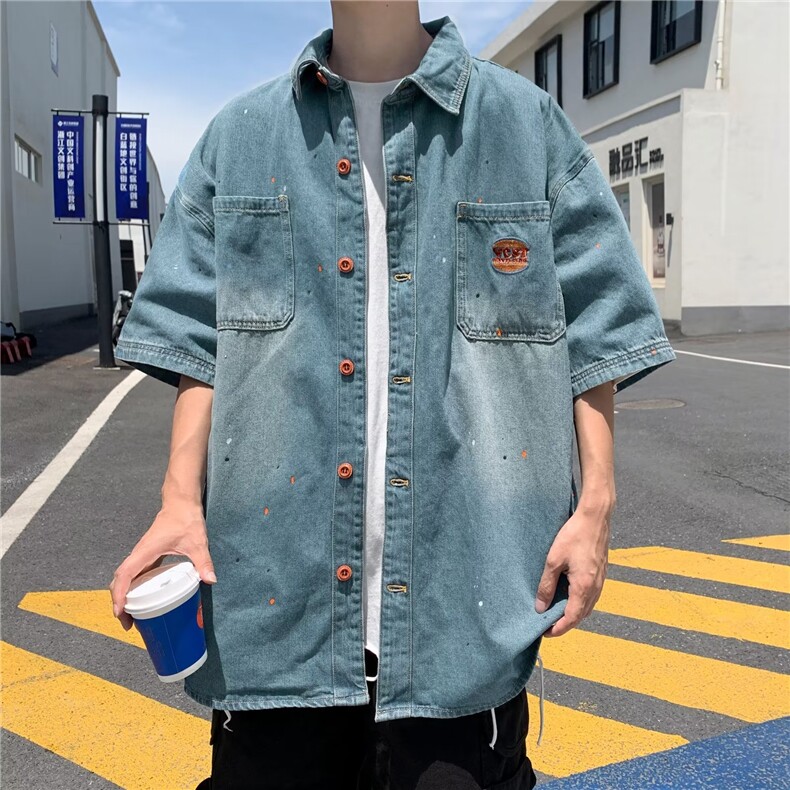 夏季短袖牛仔衬衫男ins潮牌港风日系小众衬衫P53,男装衬衫,星座1116-2