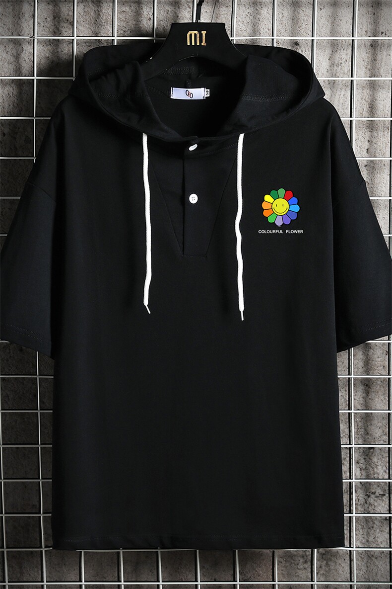 LD54101-P45连帽短袖t恤男大码胖子带帽五分袖中袖网格挂拍,男装T恤,电商A040A