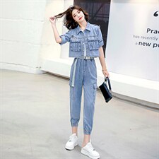 2022夏季新款简约气质减龄翻领个性复古牛仔两件套，女装套装/套裙，魅影