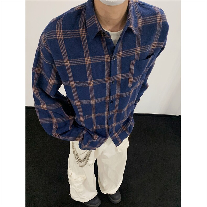 现货~磨毛格子大码长袖衬衫C5900/特P25藏青色,男装衬衫,电商A094