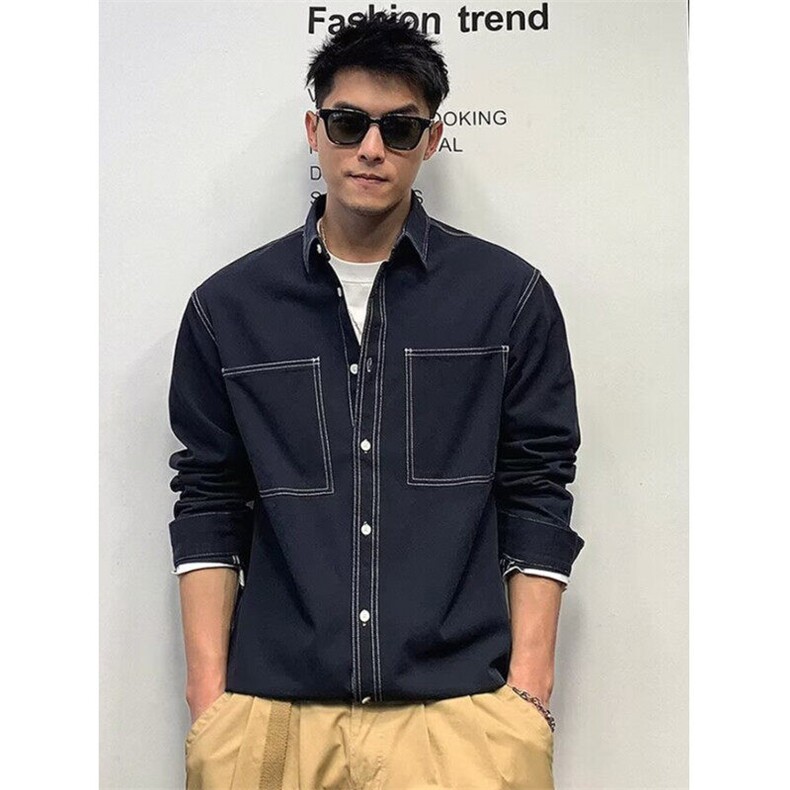 春季新款明线设计长袖衬衫男日系复古休闲衬衣痞帅外套CS33，男装衬衫，星座1116A（原606A-3）