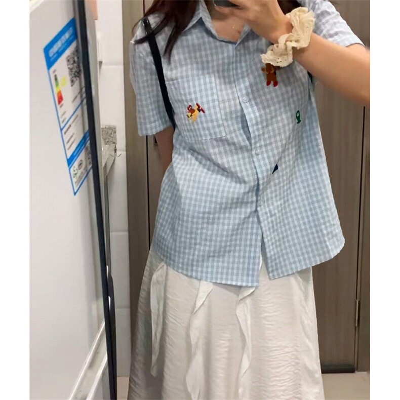 蓝色polo领刺绣短袖衬衫男女夏季百搭别致格子衬衣C4005图片
