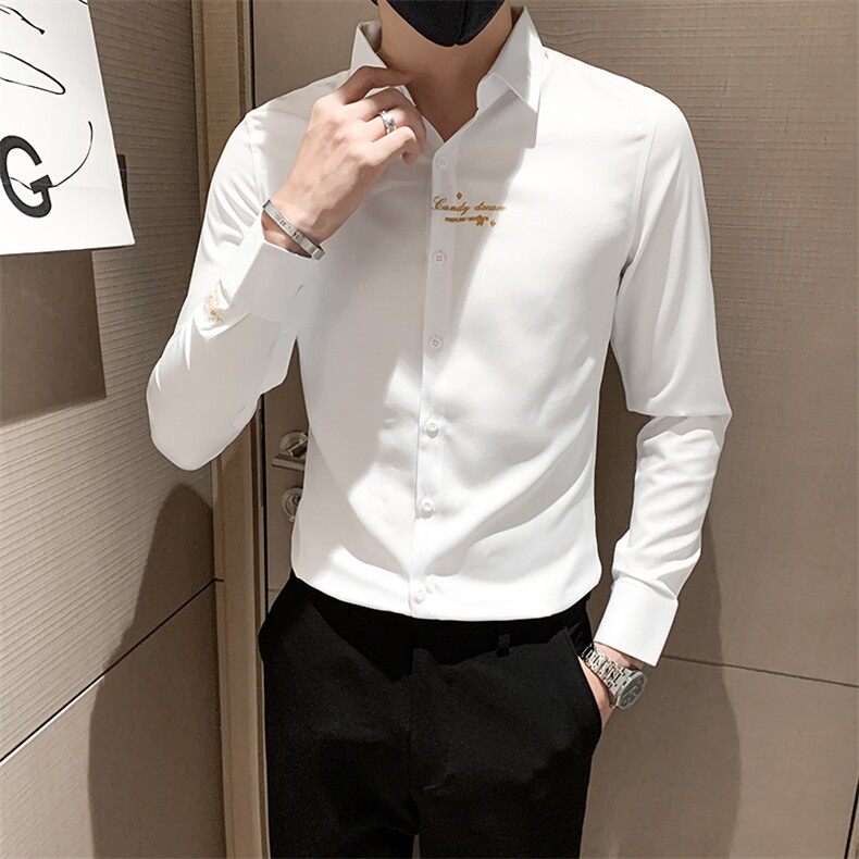 白2025秋季刺绣长袖衬衫男士修身小伙衬衣301A-1/CS193/P55,男装衬衫,星座301A-1