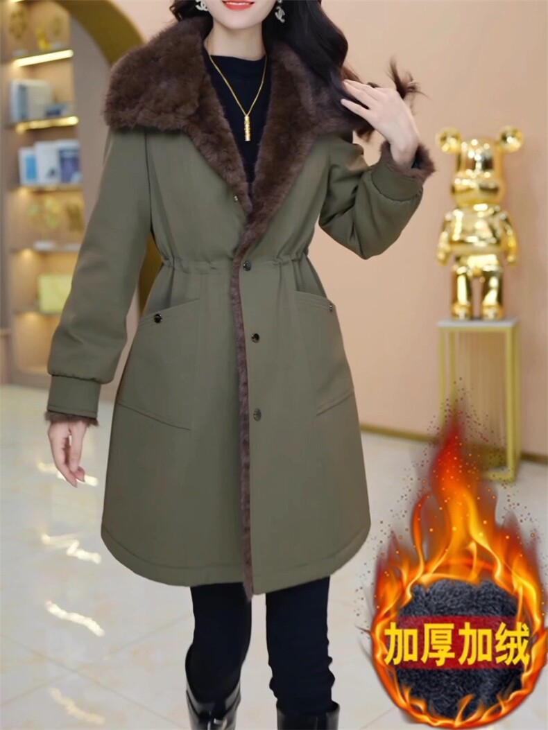 【大货已出】加绒加厚皮毛一体军绿色大衣女高级感皮草保暖外套,女装皮草,韩蔻秀