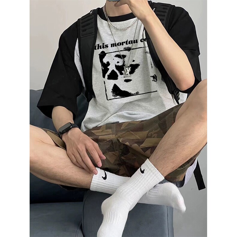抖音得物高品质二开240克宽松纯棉美式潮牌插肩袖拼接短袖T恤图片