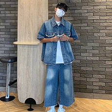 2025夏季新款无性别男女垫肩休闲牛仔衬衫套装TZ1013，男装衬衫，星座1108