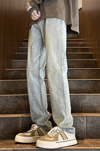 美式vibe高街裤子男款春夏季潮牌黄泥牛仔裤宽松直筒裤YZ87-P50图片