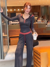 慵懒风一整套穿搭女春季时尚休闲撞色拼接长袖上衣阔腿长裤两件套，女装套装/套裙，江南