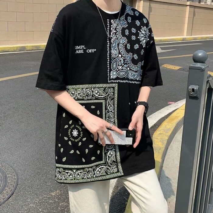 错位图腾休闲hiphop短袖T恤腰果花印花短袖男潮流五分袖 T251-P25图片