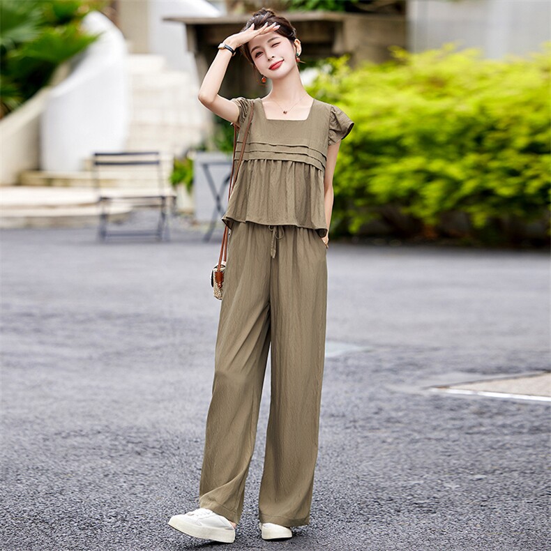 休闲套装女夏季2024新款减龄法式小飞袖方领上衣垂感阔腿裤两件套,女装套装/套裙,魅影