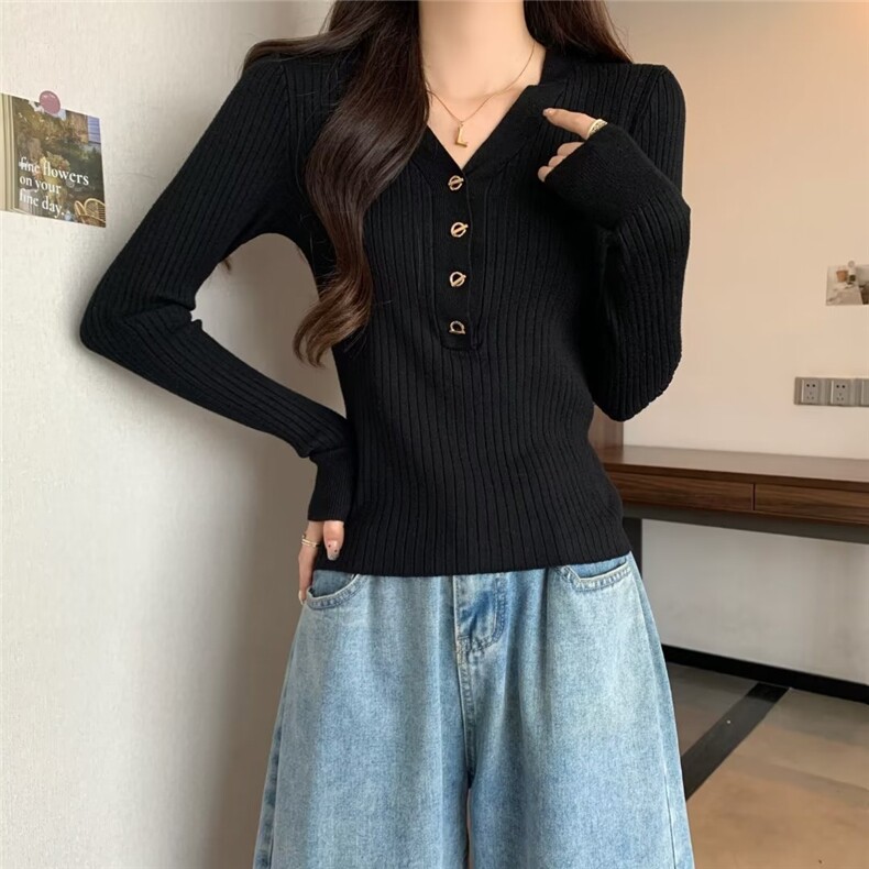 ins常规款长袖修身型V领春秋针织打底衫女毛衣高级感内搭通勤套头,男装针织衫/毛衣,星座506A