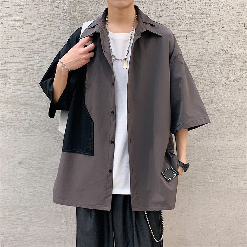 韩版潮流宽松百搭休闲帅气拼色港风夏季短袖衬衫男衬衣W761-P38,男装衬衫,星座512-2