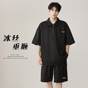 特批P45无差价夏潮流港风小众套装男短袖Polo衫T恤五分短裤TZ056