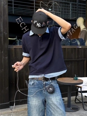 藏青色假两件短袖男款夏季潮牌衬衫拼接t恤重磅美式学院风polo衫，男装Polo衫，四季星座505
