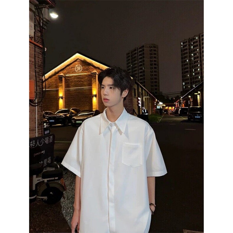 夏季冰丝上衣翻领宽松半袖免烫暗扣衬衫垂感短袖衬衣DX9958 P35特图片