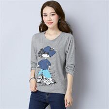 卡通动漫拼接人物T恤通勤圆领印花创意长袖宽松2021年秋季韩版百搭，女装T恤，丽影随形