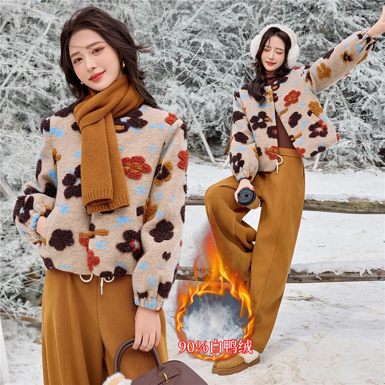 【bao款大货已出】2025冬装新款毛呢毛巾绣盘扣大花羽绒服90绒,女装羽绒服,雅静靓衣