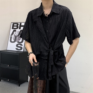 夏季复古小众提花镂空肌理感新中式男女拼接绑带设计短袖衬衫大码图片