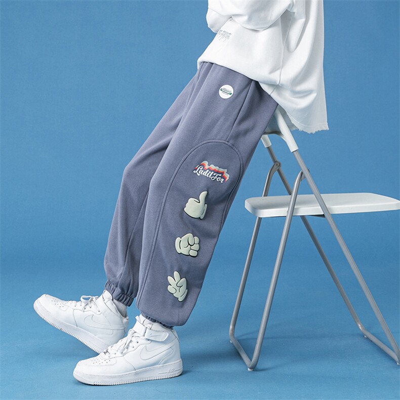 蓝底2024秋冬新款个性撞色印花束脚运动休闲潮牌裤子2121-45控69，男装休闲裤，星座914-3