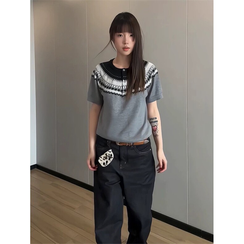 网图有货夏季费尔岛亨利领针织衫短袖T恤男女老钱风上衣A637-P45,男装T恤,星座1505