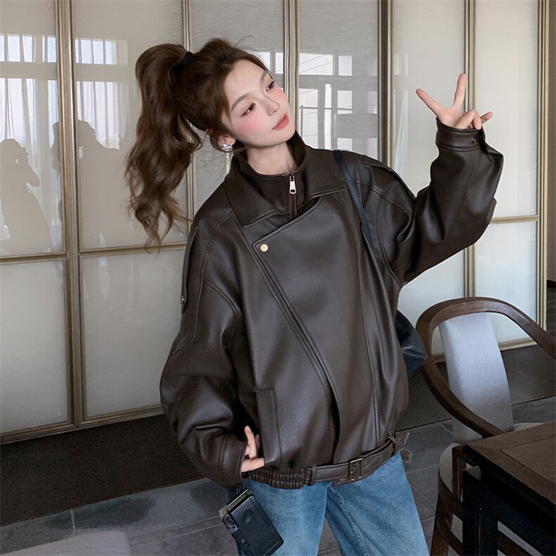 咖色美式复古显瘦pu皮衣外套女2025春秋季新款机车风流行夹克上衣,女装短外套,2C269