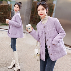 紫色小香风外套女秋冬2023新款温柔风淑女气质名媛粗花呢加厚上衣，女装羽绒服，众宇琦
