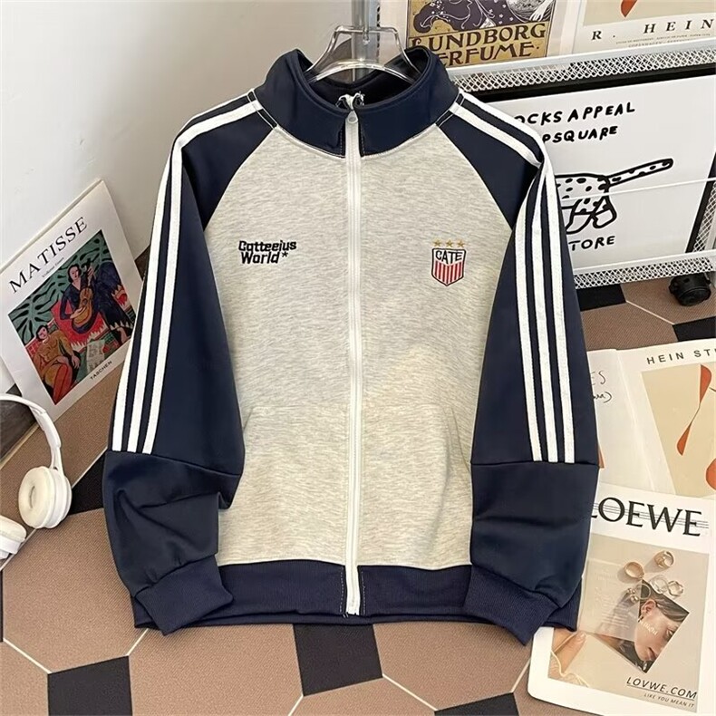 秋男开衫卫衣字母刺绣三条杠条纹拼色运动外套WY63P45,女装短外套,星座1013-1