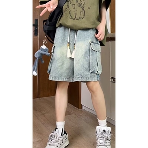 新中式工装短裤男款夏季高街vibe多口袋过膝中裤宽松五分牛仔裤潮图片