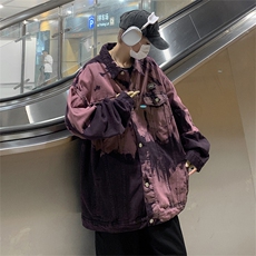 美式小众嘻哈拼色扎染翻领牛仔外套男秋冬潮牌宽松水洗做旧夹克衫，男装夹克，星座505-2（原电商A260-1)