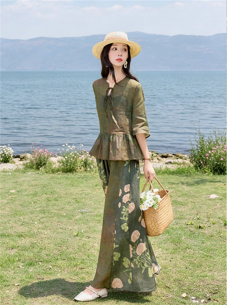 时尚苎麻印花拼接阔腿裤扎染宽松上衣复古风套装女,女装套装/套裙,水衣源