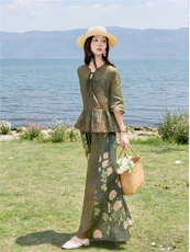 时尚苎麻印花拼接阔腿裤扎染宽松上衣复古风套装女，女装套装/套裙，水衣源
