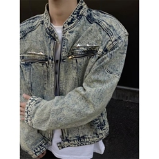 美式牛仔外套男痞帅垫肩短款夹克复古拉链工装褂子J8840-P75，男装工装外套，星座1001-1