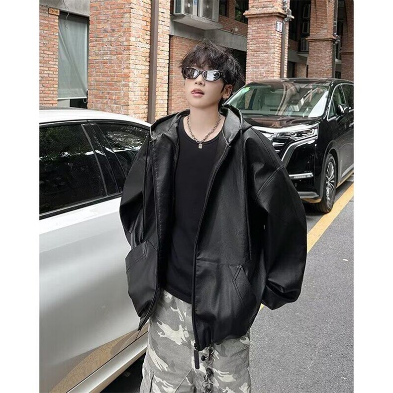 街客美式廓形连帽皮衣外套男冬百搭夹克cleanfit机车服W6223-P75,男装夹克,星座412-3