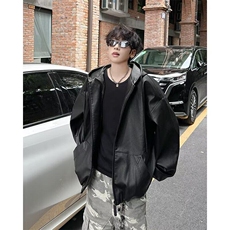 街客美式廓形连帽皮衣外套男冬百搭夹克cleanfit机车服W6223-P75，男装夹克，星座412-3