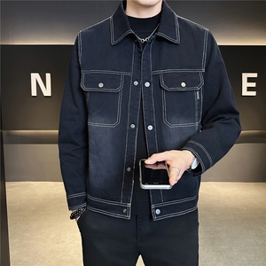 加绒加厚秋冬季夹克外套男2025新款全棉水洗上衣A313-99528-P145,男生黑色运动外套搭配什么裤子图片