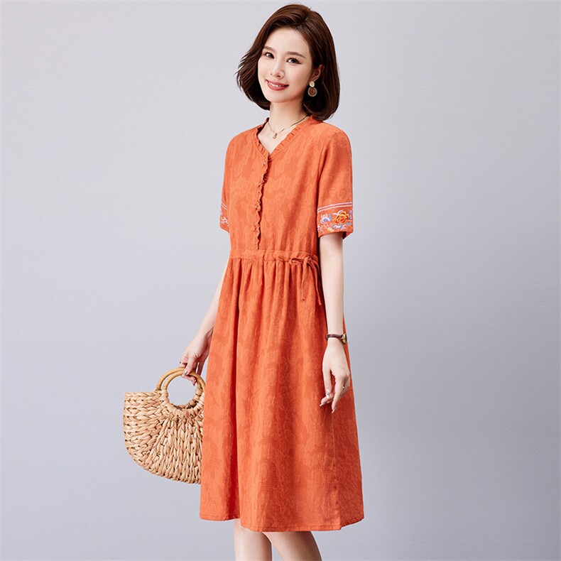 棉麻连衣裙2023夏装新款时尚收腰裙短袖复古文艺,女装连衣裙,欣美人