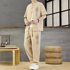 风印花男装夏短袖男复古开衫套装新款民族风一套，男装T恤，星座1206（原A206）