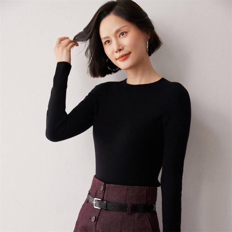 秋冬新款洋气时尚百搭显瘦女款精纺一线成衣圆领35%羊绒衫,女装羊绒衫,艾巧羊绒