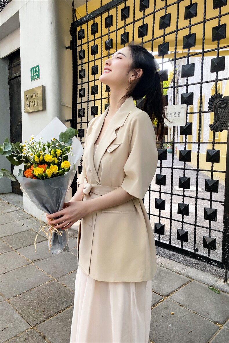 纯色西装秋季2021新款女装中袖腰带修身显瘦中长外套166-XZ05P85,女装西装,茜茜公主