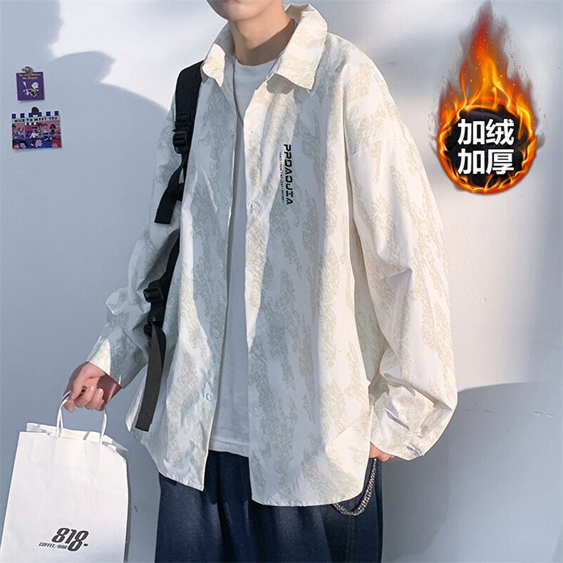 冬款港风高级大码暗纹印花加绒加厚宽松衬衫男C3511J加绒-P50,男装衬衫,电商A001